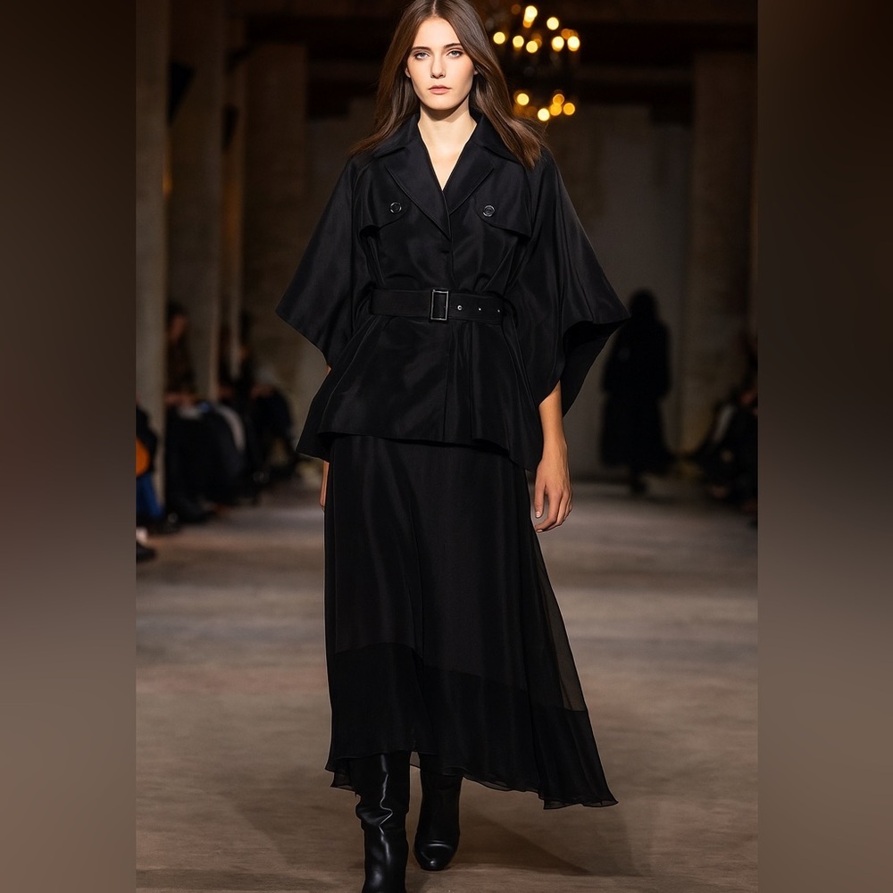 BCBG Paris Women’s Waist Belted Snap Cape Jacket Size 4 dark navyy blue black - Picture 2 of 11